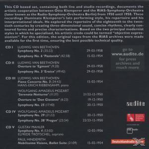 Rückseite einer CD-Hülle mit Text, der Werke von Beethoven und Mozart auflistet, mit Text über das Orchester.