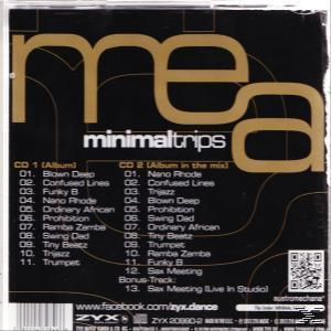 CD-Rückseite mit Trackliste, Albumtitel 'Minimal Trips' und Künstlername 'Mea'.