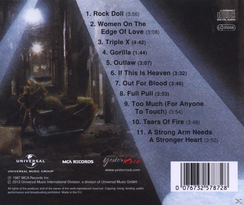CD-Rückseite mit Text, der Songs auflistet, einer Motorradgrafik und dem Logo der Universal Music Group.