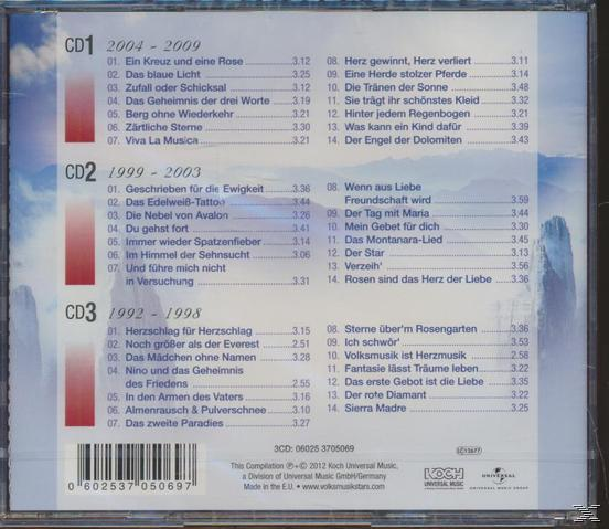CD-Cover mit einer Titelliste und drei Bergmotiven, mit schneebedecktem Hintergrund.