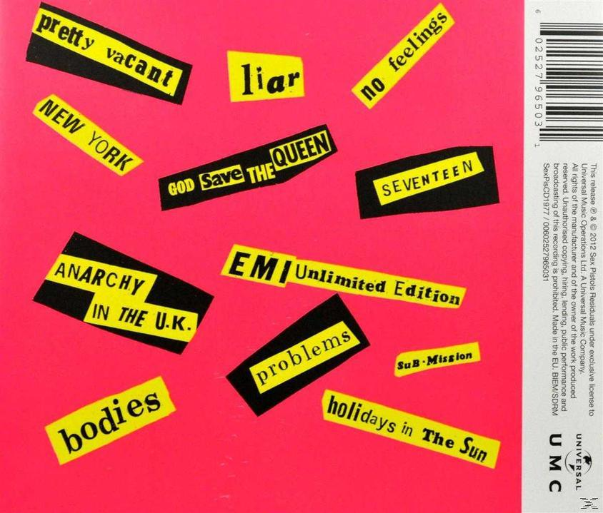 Albumcover. Verschiedene Wörter auf gelben Bannern: Pretty Vacant, Liar, No Feelings, Seventeen, bodies usw.