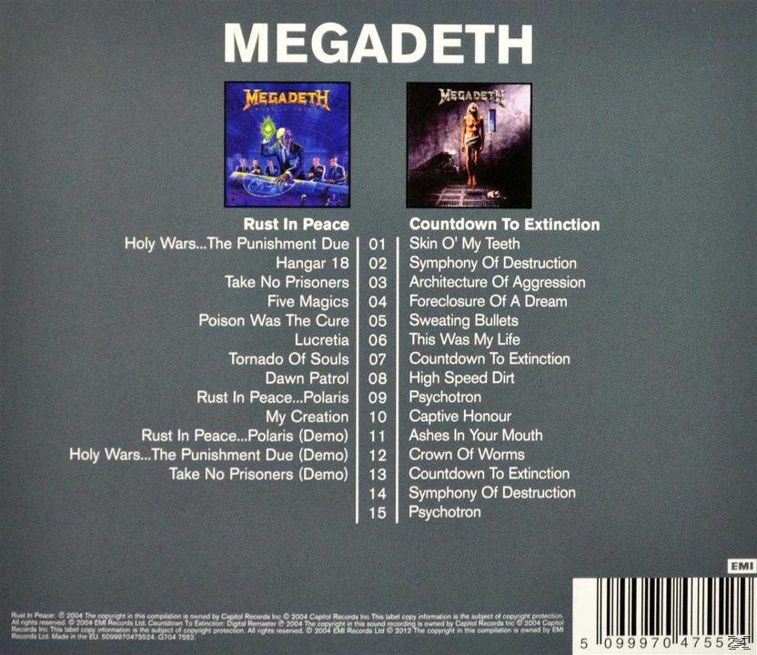 Megadeth album borítója, két album borítója a képen, dalsorok.