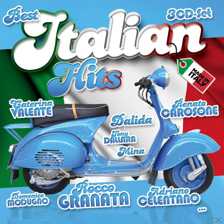 Albumcover: Blauer Roller, italienischer Flaggenhintergrund, Titel „Best Italian Hits“, Künstlernamen.