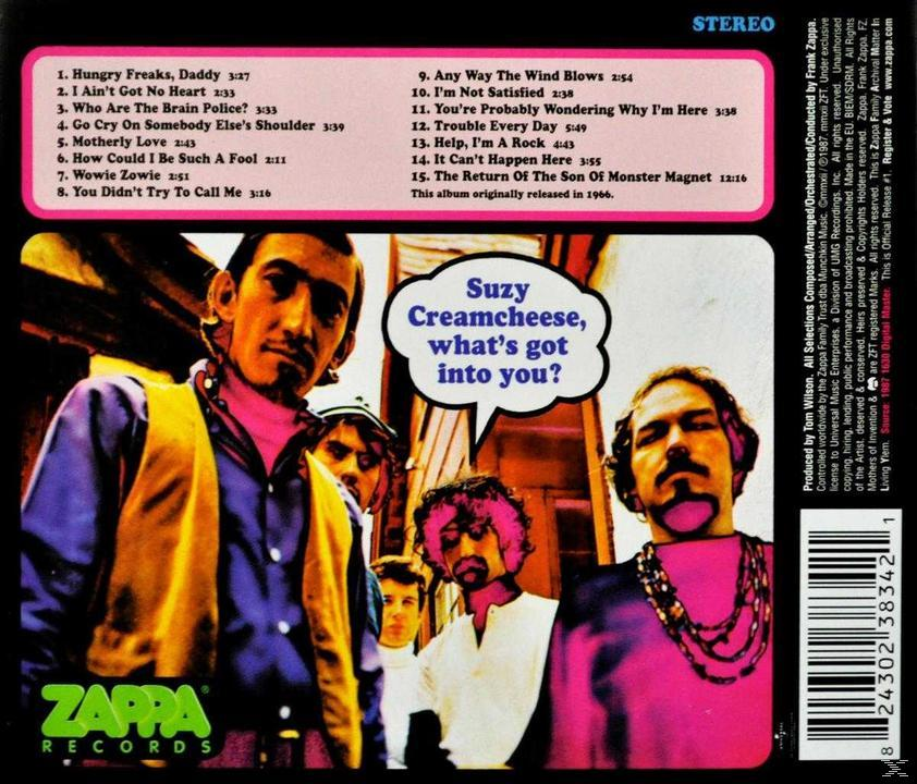 Rückseite des Zappa-Albums. Bild von Bandmitgliedern mit Sprechblase: 'Suzy Creamcheese, what's got into you?'