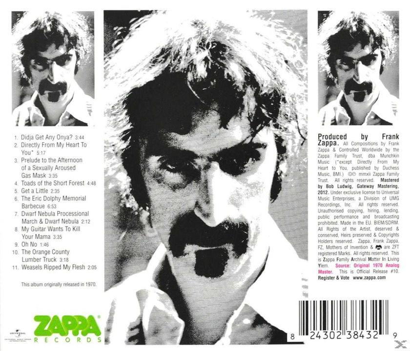 Albumcover mit drei Bildern eines Mannes mit Schnurrbart. Text 'ZAPPA RECORDS' ist sichtbar.
