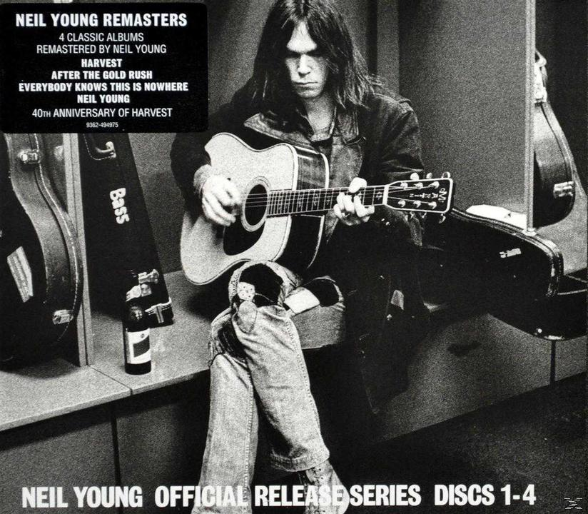 Neil Young spielt Gitarre, Albumcover. Texte, Albumtitel und Bild von Neil beim Gitarrespielen.