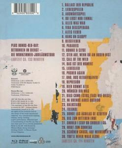Rückseite einer CD mit einer Liste von Liedern auf Deutsch, mit gelbem und blauem Papier-Effekt.