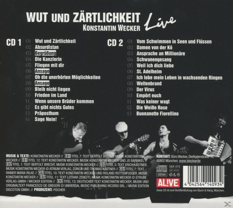 CD-Cover für "Wut und Zärtlichkeit Live" mit Trackliste und Bandmitgliedern.