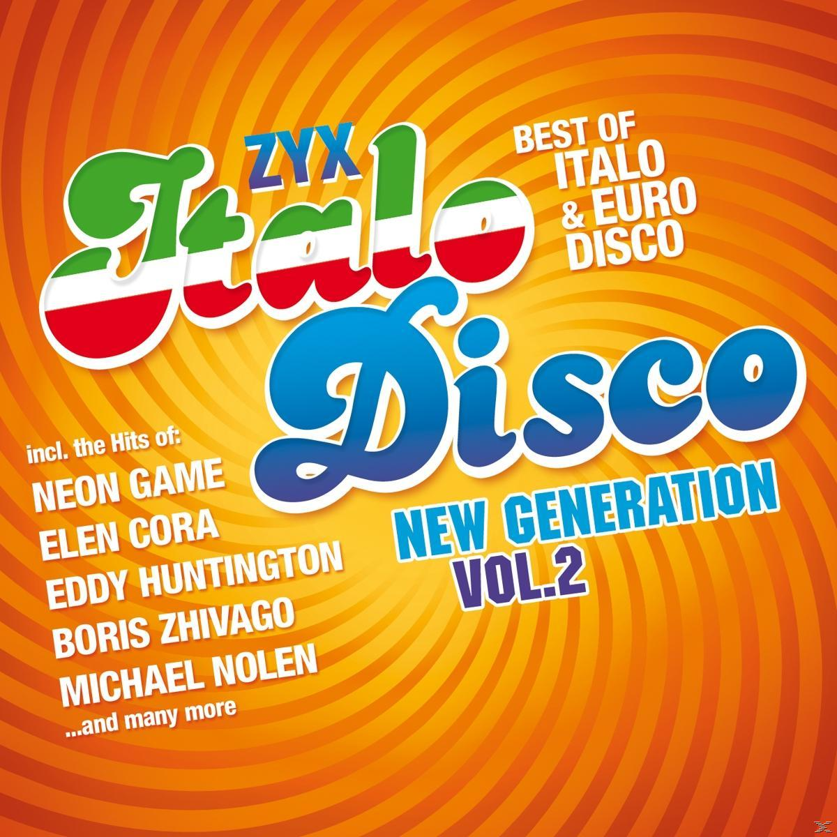 Albumcover für 'ZYX Italo Disco New Generation Vol. 2' in Orange mit italienischen Flaggenfarben im Titel.