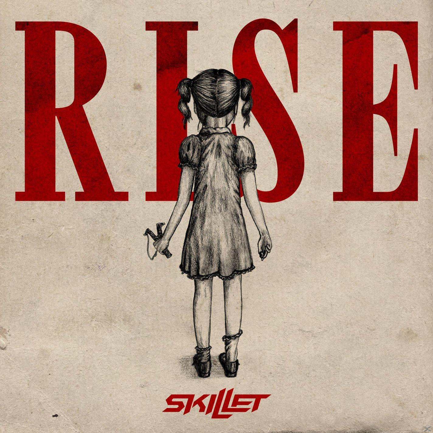 Albumcover mit einer Zeichnung eines Mädchens und dem Wort RISE in Rot.