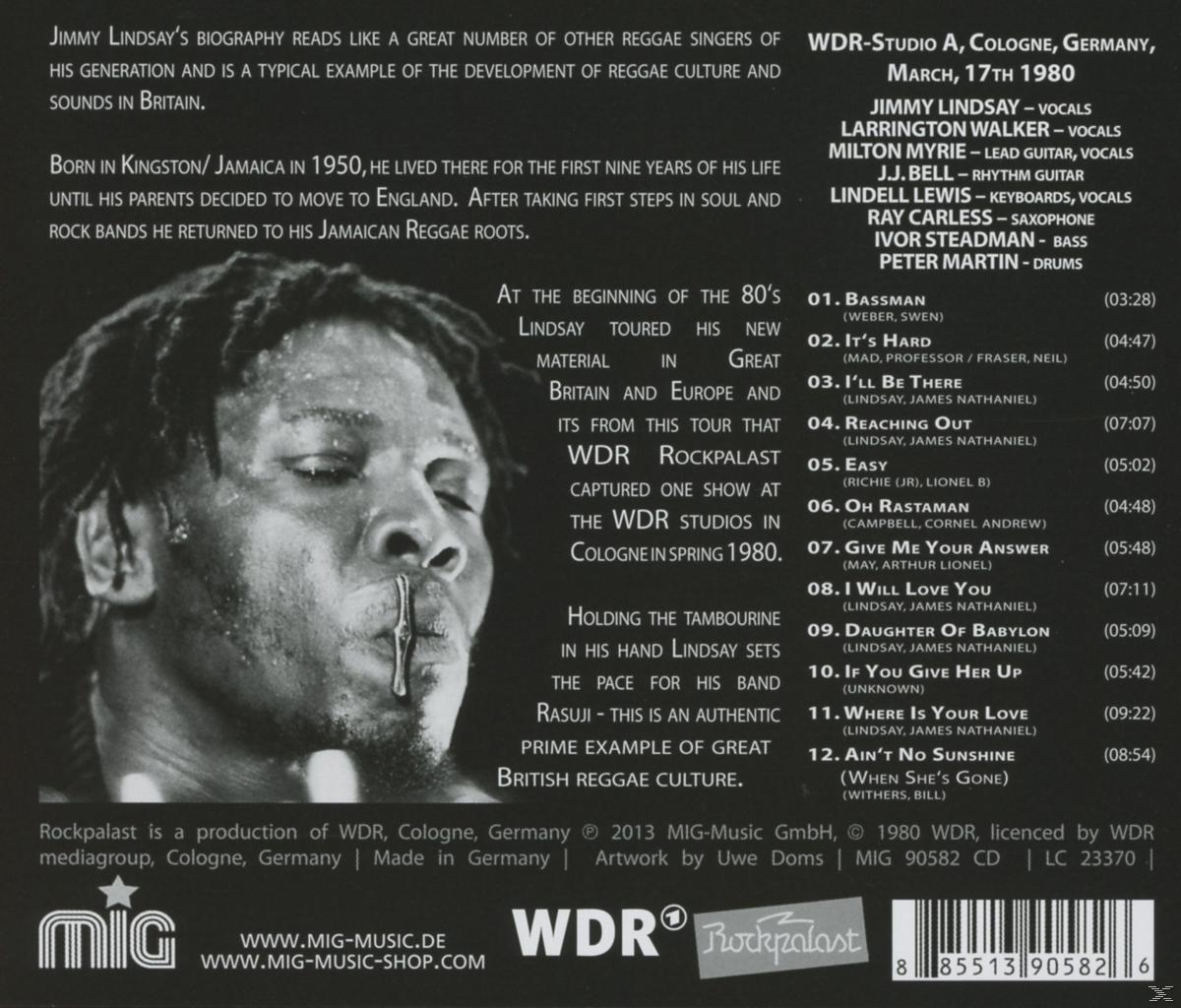 Jimmy Lindsay, ein Reggae-Künstler, auf einem Schwarz-Weiß-Foto, mit Songliste und Bandinfos.