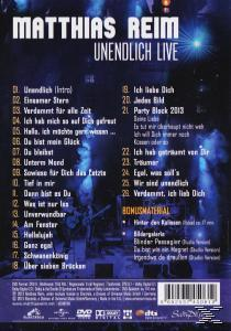 DVD-Cover mit Text 'Matthias Reim Unendlich Live' und Titelliste. Bild einer Live-Performance im Hintergrund.