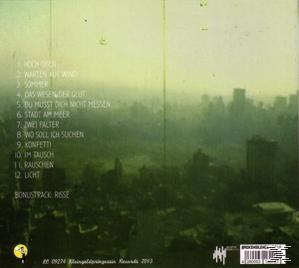 CD-Rückseite mit Songtiteln und einem Stadtpanorama im Hintergrund.