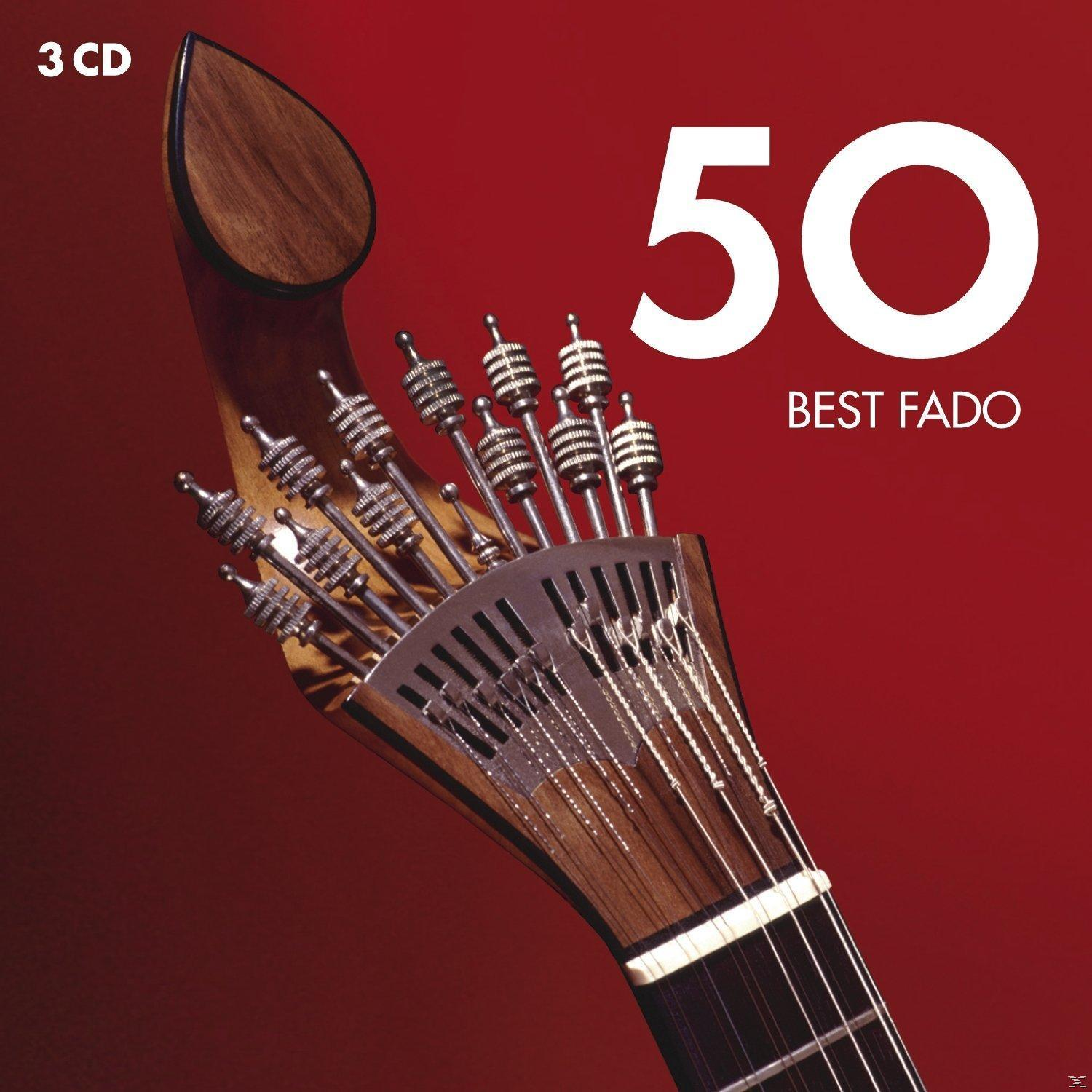 CD-Cover mit einem Holzinstrumentenkopf, vielen Saiten und dem Text „50 BEST FADO“ auf Rot.