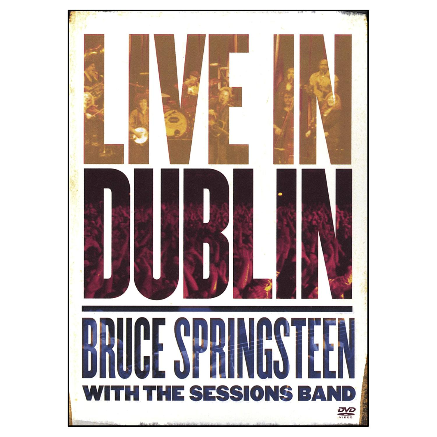 Bruce Springsteen 'Live in Dublin' DVD-Cover, Band auf der Bühne, roter und dunkler Hintergrund.