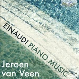 Albumcover mit weißem Text 'Einaudi Piano Music' auf einem weißen Streifen. Wasser ist der Hintergrund.