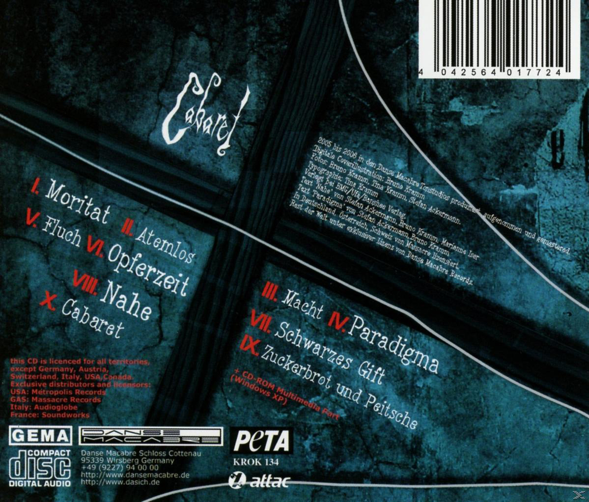 CD-Cover mit weißem Text und dunklem Hintergrund. Die Titelliste ist sichtbar, mit einem Barcode rechts.