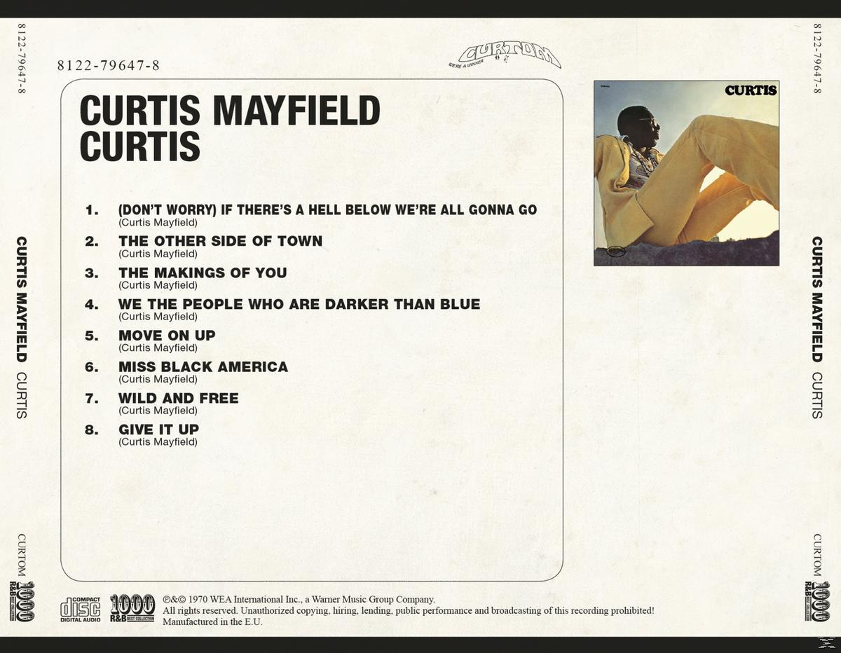 Rückseite des Albums 'Curtis' von Curtis Mayfield, mit Titelliste und einem Foto von Mayfield in Gelb.
