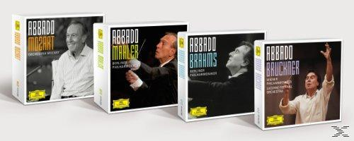Vier CD-Box-Sets. Jede Box hat ein Bild von Abbado mit dem Namen eines Komponisten.