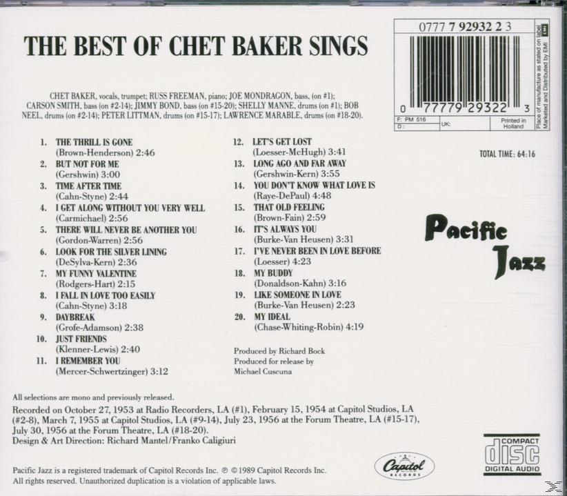 CD-Cover mit Text und Barcode, mit einer Titelliste und dem Titel 'The Best of Chet Baker Sings'.