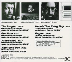 Album-Rückseite mit drei Männerporträts, Songtiteln und Text.