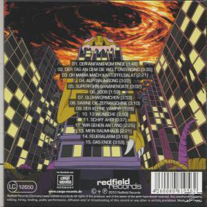 CD-Cover: Zeichentrickstadt mit Monster, Nachthimmel mit orangenen Wirbeln.