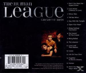 Albumcover mit drei Personen. Titel: Greatest Hits, von The Human League.