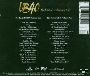 Rückseite einer CD-Hülle mit Songtiteln. The Best of UB40, Bände 1&2. Grüner Hintergrund.