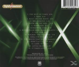 CD-Rückseite. Grüner und schwarzer Hintergrund mit der Album-Trackliste und einem Barcode.