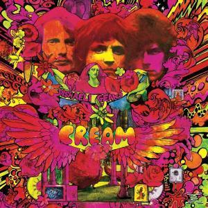 Albumcover mit psychedelischer Kunst. Gesichter von drei Männern im Zentrum, umgeben von bunten Designs.