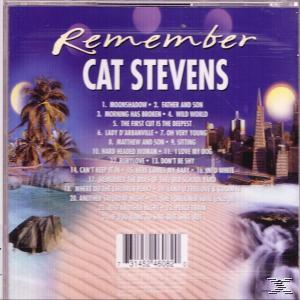 Albumhoes voor Cat Stevens' album 'Remember', met een tropische scène en songtitels op een blauwe achtergrond.