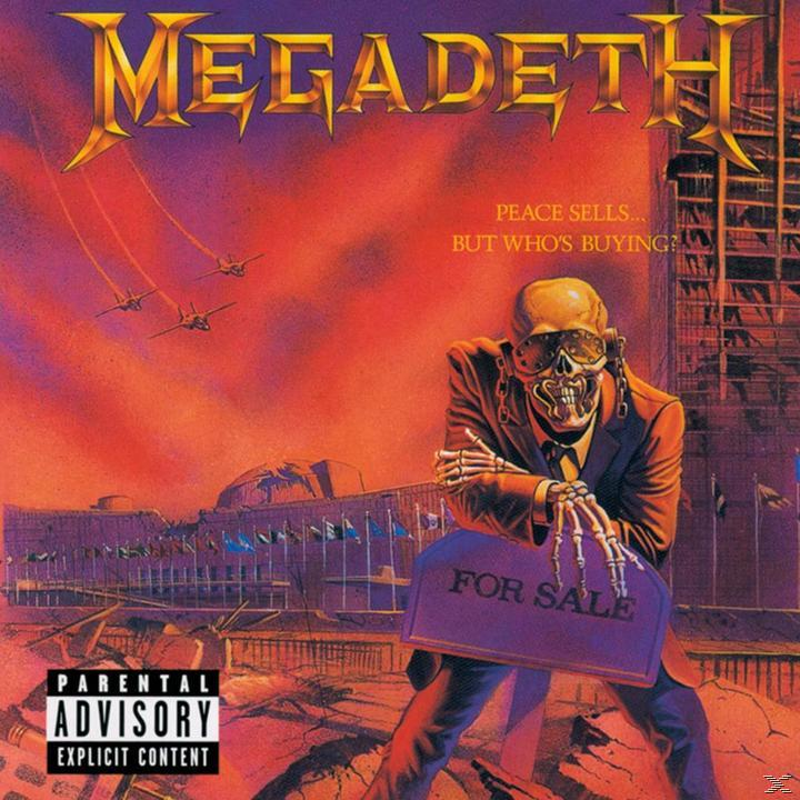 Pochette de l'album Megadeth avec squelette en costume, ville et avions.