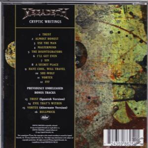 Pochette arrière de l'album avec liste des pistes et texte, 'Cryptic Writings' de Megadeth.