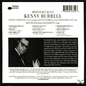 Albumcover mit dem Titel 'Midnight Blue' von Kenny Burrell. Ein Mann mit Brille schaut nach unten.