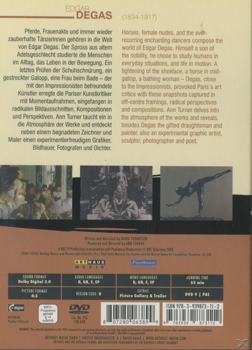 Rückseite einer DVD-Hülle mit Text über Edgar Degas und seine Kunst. Enthält kleine Bilder seiner Werke.