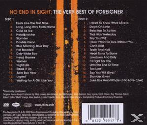 CD-Cover mit Titellisten für 'No End in Sight: The Very Best of Foreigner'. Gelbe und schwarze Streifen.