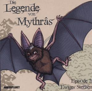 Albumcover mit einer Cartoon-Fledermaus mit ausgebreiteten Flügeln, mit dem Text 'Die Legende von Mythras' und 'Episode 2'.