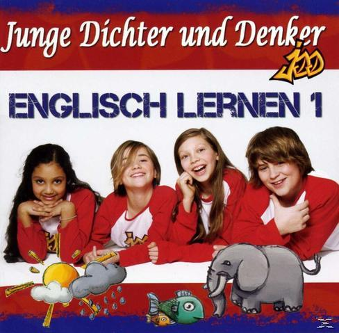 Vier Kinder stehen vor einem rot-weiß-blauen Hintergrund. Ein Elefanten-, Fisch- und Wolken-Cartoon ist in der Szene.