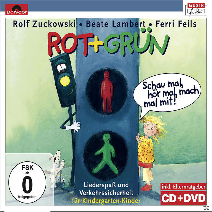 CD-Cover: Ampel mit Cartoonfiguren und Kind. Textblase.