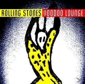 Album borító, fekete és sárga design koponyával, 'Rolling Stones Voodoo Lounge'.
