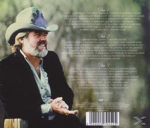 Album-Rückseite mit Text, einem Mann mit Hut und einer Titelliste.