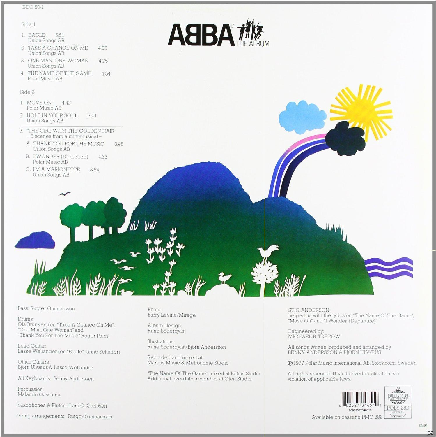 Das Albumcover von ABBA's 'The Album'. Eine bunte Illustration mit Noten und einer Bergsilhouette.