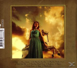 Albumcover mit einer Frau in grünem Kleid und einer Pferdestatue.
