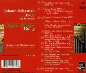 CD-Cover: Orgelwerke Vol. 3 von Johann Sebastian Bach. Roter Hintergrund mit Titelliste.