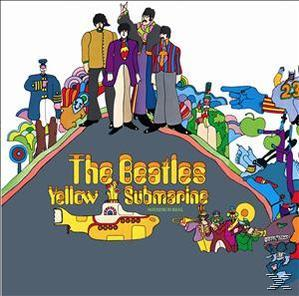Albumcover mit Cartoonfiguren und einem gelben U-Boot, Titel ist "Yellow Submarine".