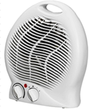 White electric heater with two knobs and a red light, front view.