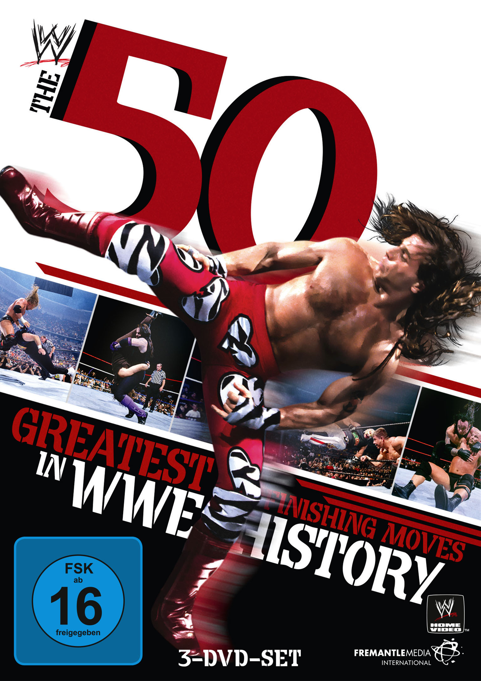 WWE DVD-Cover. Wrestler in roter Hose tritt. Andere Wrestler und die Zahl 50 sichtbar.