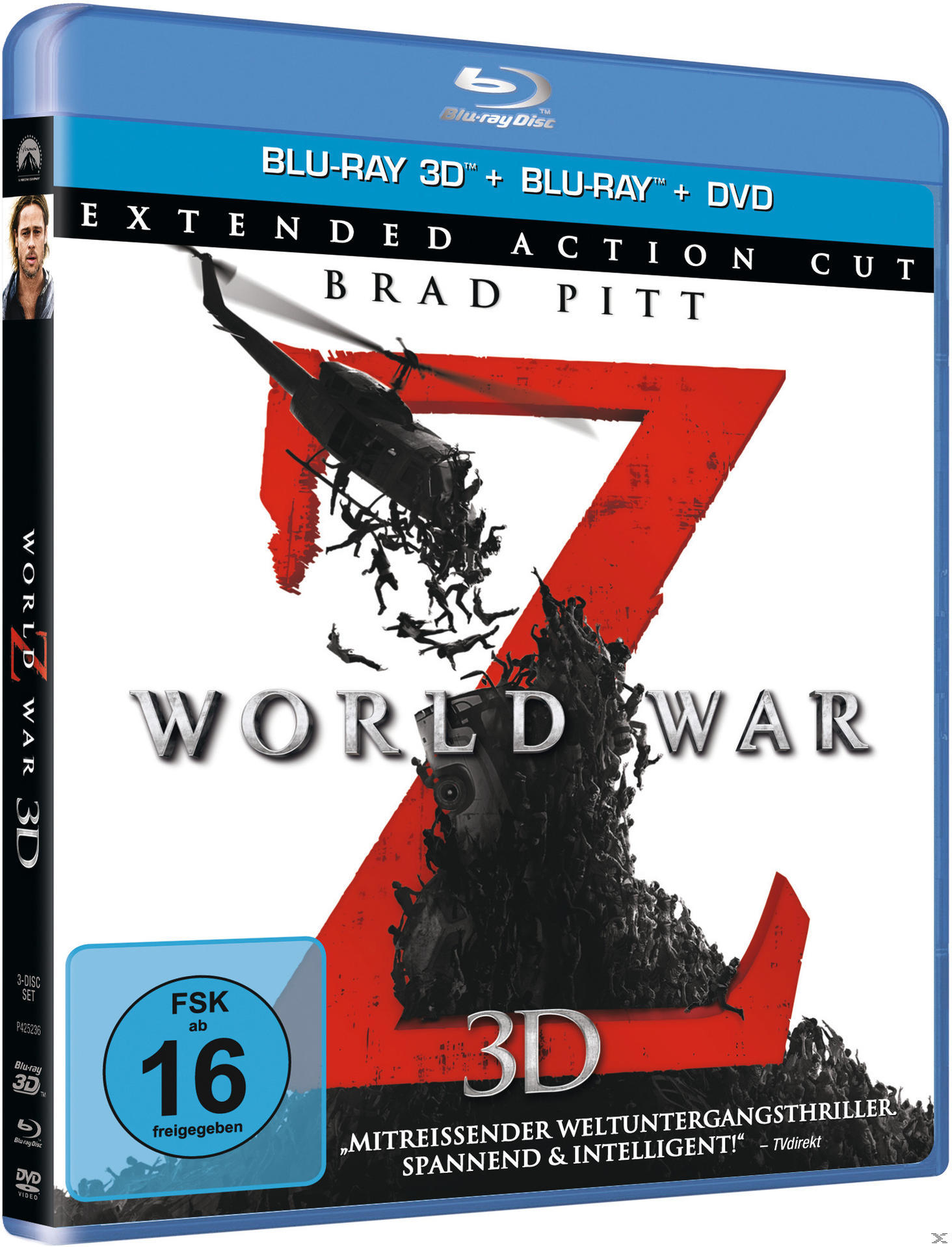 World War Z Blu-ray-Cover. Brad Pitt, Hubschrauber, Zombies, rotes und schwarzes Design.