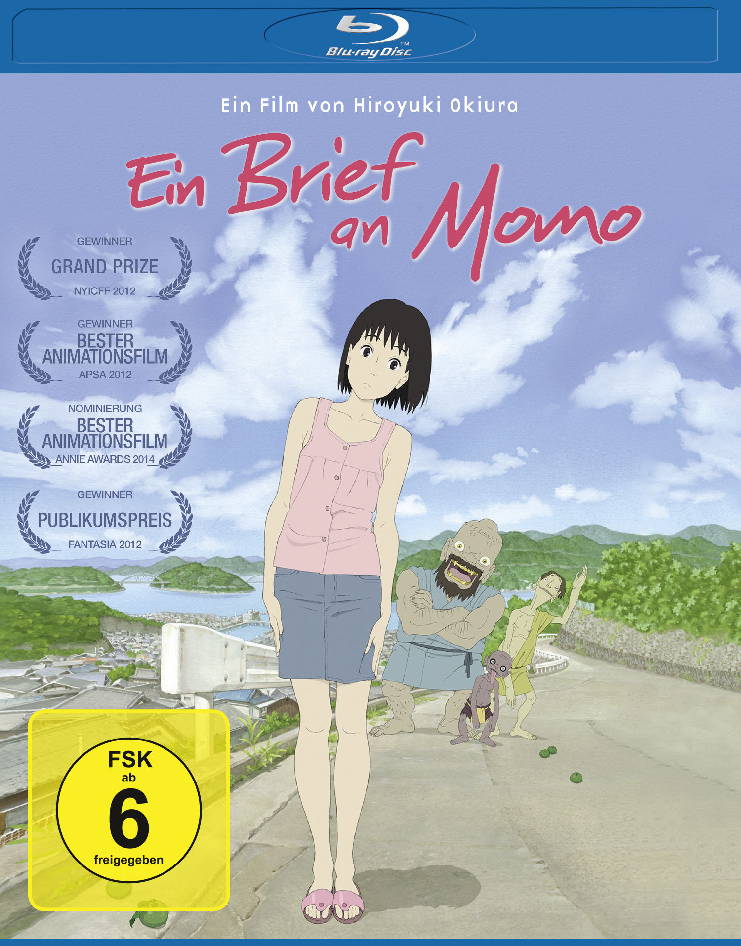 Anime-Filmplakat, 'Ein Brief an Momo'. Mädchen in pinkfarbenem Oberteil und Jeansrock, mit drei Figuren am Strand.