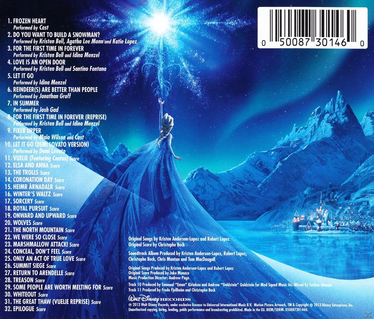 Frozen CD-Rückseite mit Songtiteln, blauem Hintergrund und einer Burgillustration.